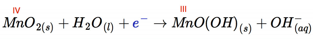 Mn(IV)O2(s) + H2O + e. ==> Mn(III)O(OH)(s) + OH-(aq)