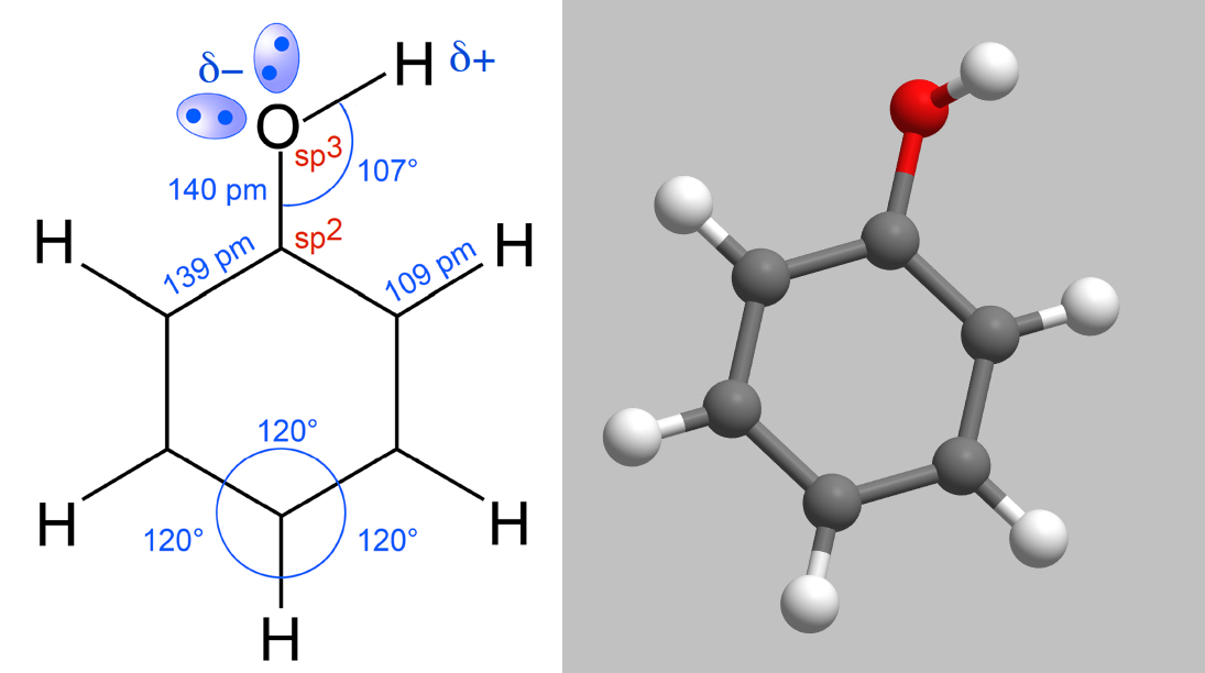 Das Phenol-Molekül, Strukturformel mit Bindungslängen (139 pm C-C, 140 pm C-O, 109 pm C-H) und Bindungswinkeln (120 Grad C-C und C-H, 107 Grad O-H).