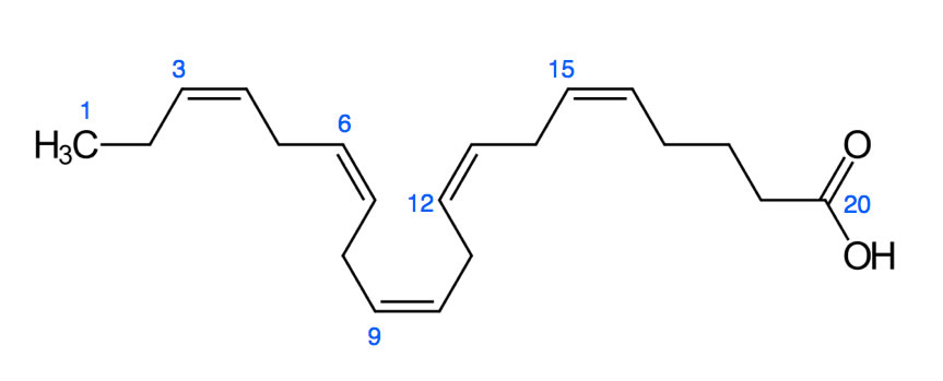 Strukturformel der Eicosapentaensäure aus der Wikipedia, C-Atome vom Omega-Ende aus durchnummeriert.