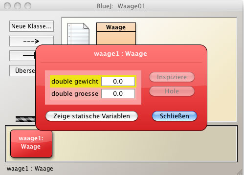 Das BlueJ-Projekt mit einem Objekt 'waage1' der Klasse Waage. Man sieht den Objektinspektor, der fr das Attribut 'gewicht' den Wert 0.0 und fr das Attribut groesse ebenfalls den Wert 0.0 anzeigt.
